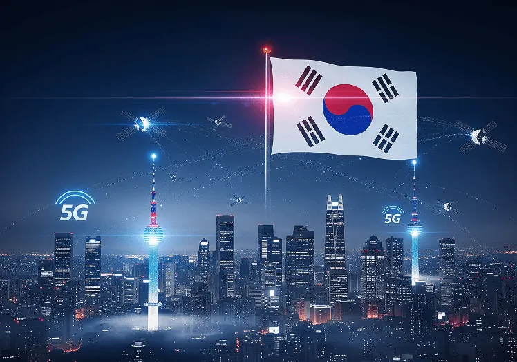 The South Korean flag waves prominently in the foreground, symbolizing national pride, while satellite communication icons overlay the scene, highlighting seamless global network connectivity. Perfect for illustrating eSIM-powered travel tech in Korea's bustling capital.