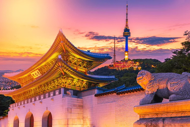 Evening view of Gyeongbokgung Palace in Seoul, illuminated with warm golden lights that reflect softly off its traditional rooftops. In the background, the N Seoul Tower glows in vibrant colors against the skyline